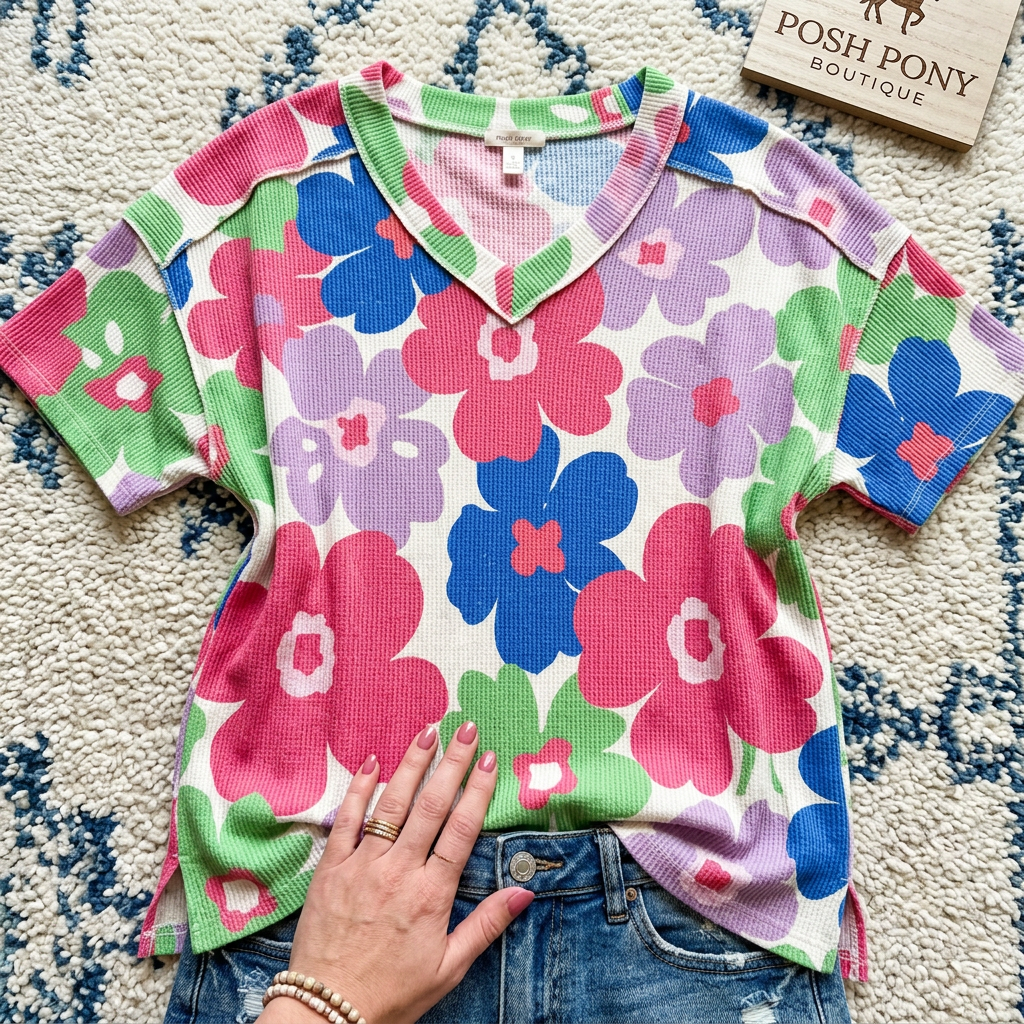 Floral V-Neck Shoulder Button Top