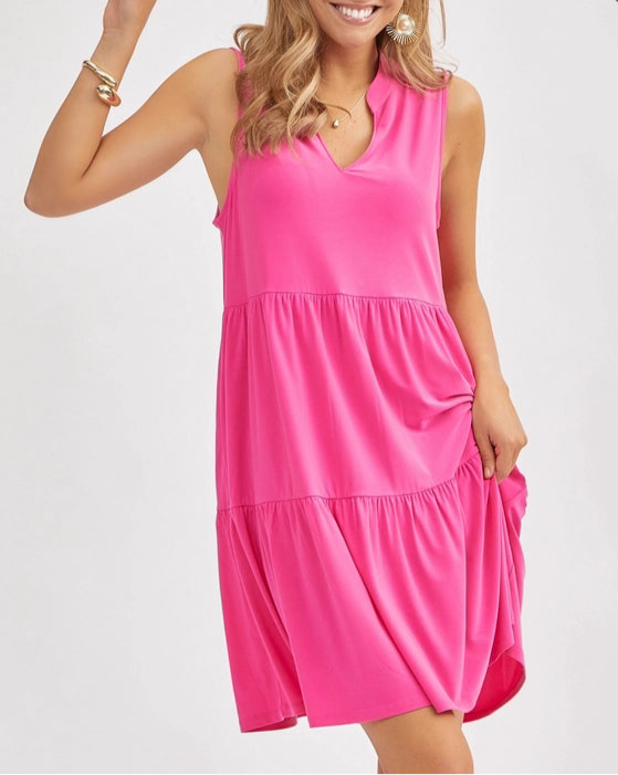 Three Tier A-Line Flowy Dress - Hot Pink