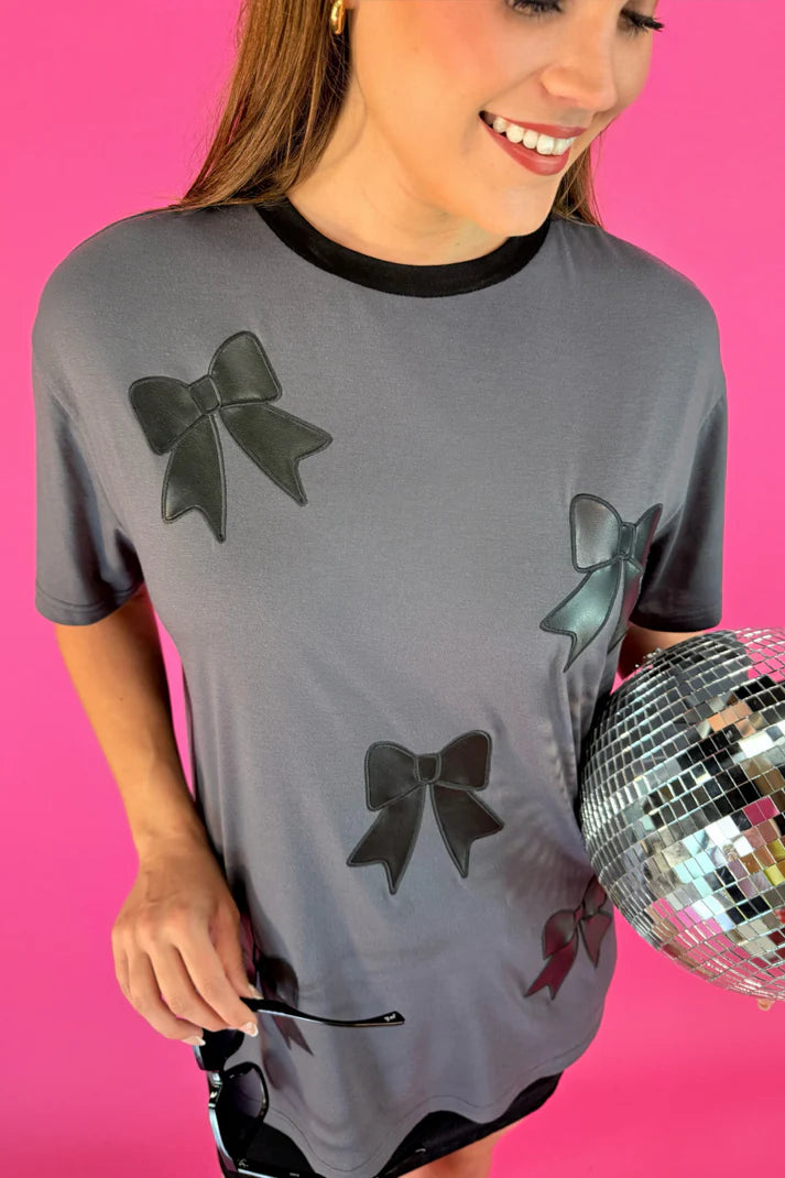 Faux Leather Bow Oversized Tee