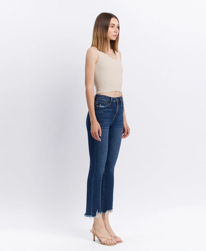 High Rise Distressed Hem Kick Flare Jeans