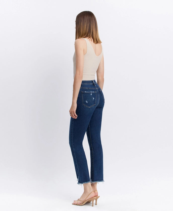 High Rise Distressed Hem Kick Flare Jeans