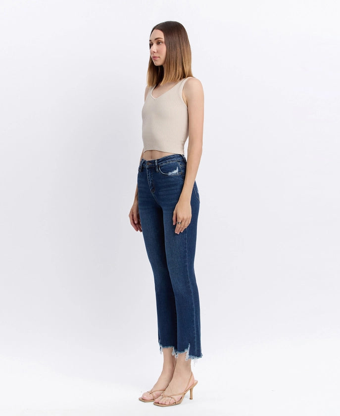 High Rise Distressed Hem Kick Flare Jeans