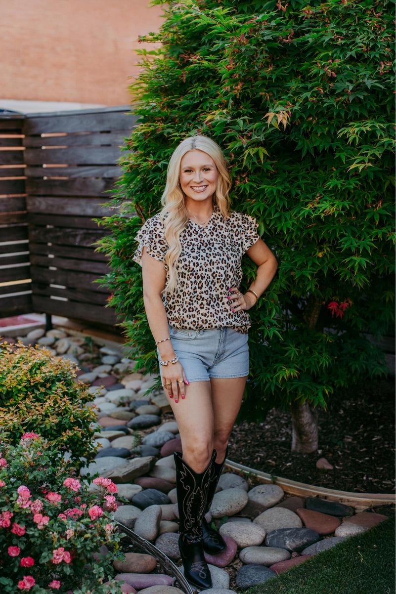 Leopard Print Ruffled Sleeve Blouse