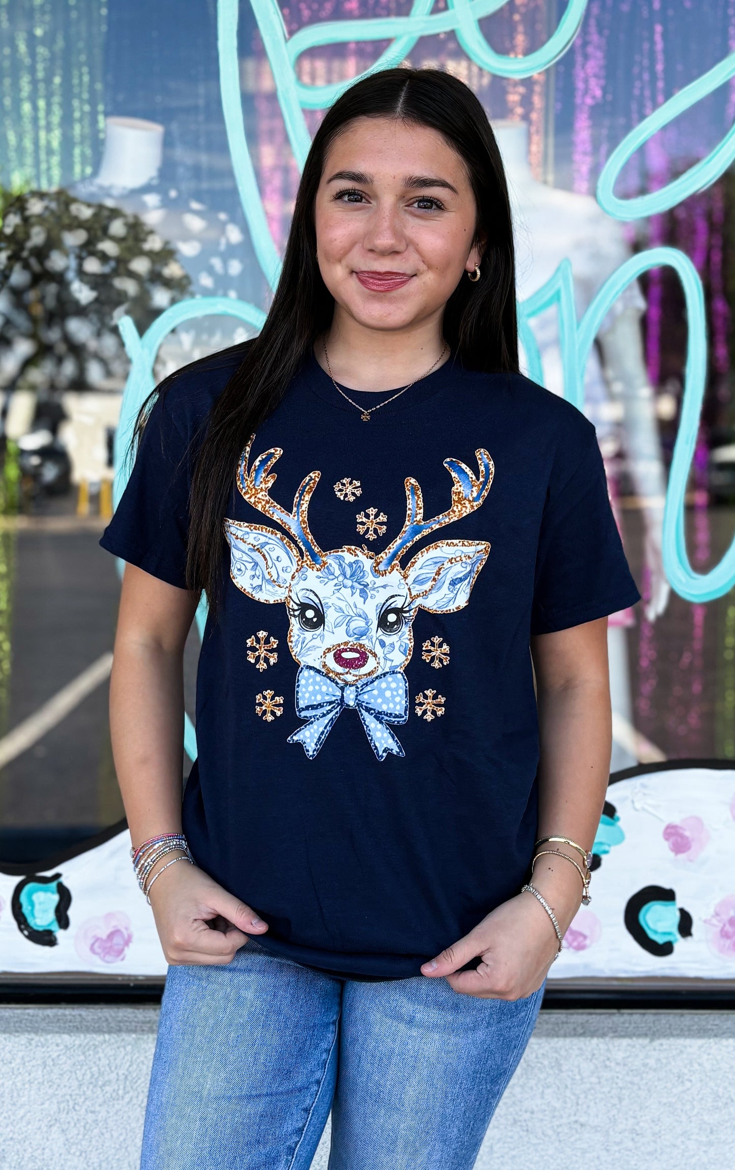 Blue Floral Reindeer