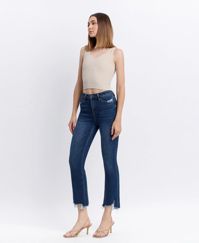 High Rise Distressed Hem Kick Flare Jeans