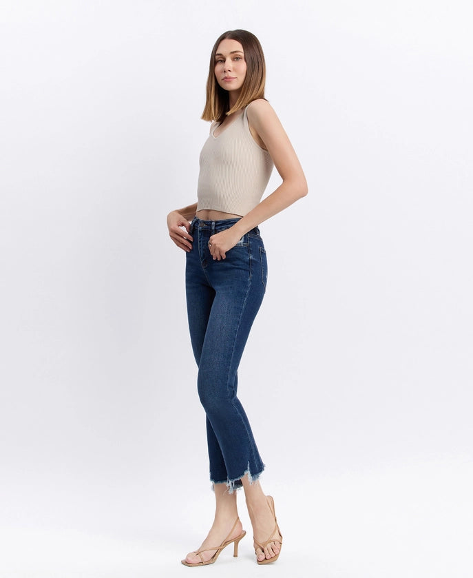High Rise Distressed Hem Kick Flare Jeans