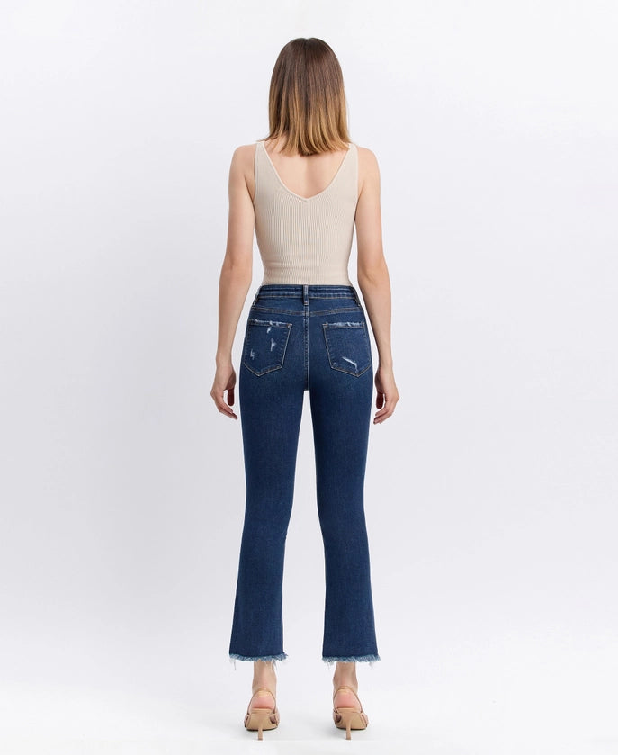 High Rise Distressed Hem Kick Flare Jeans