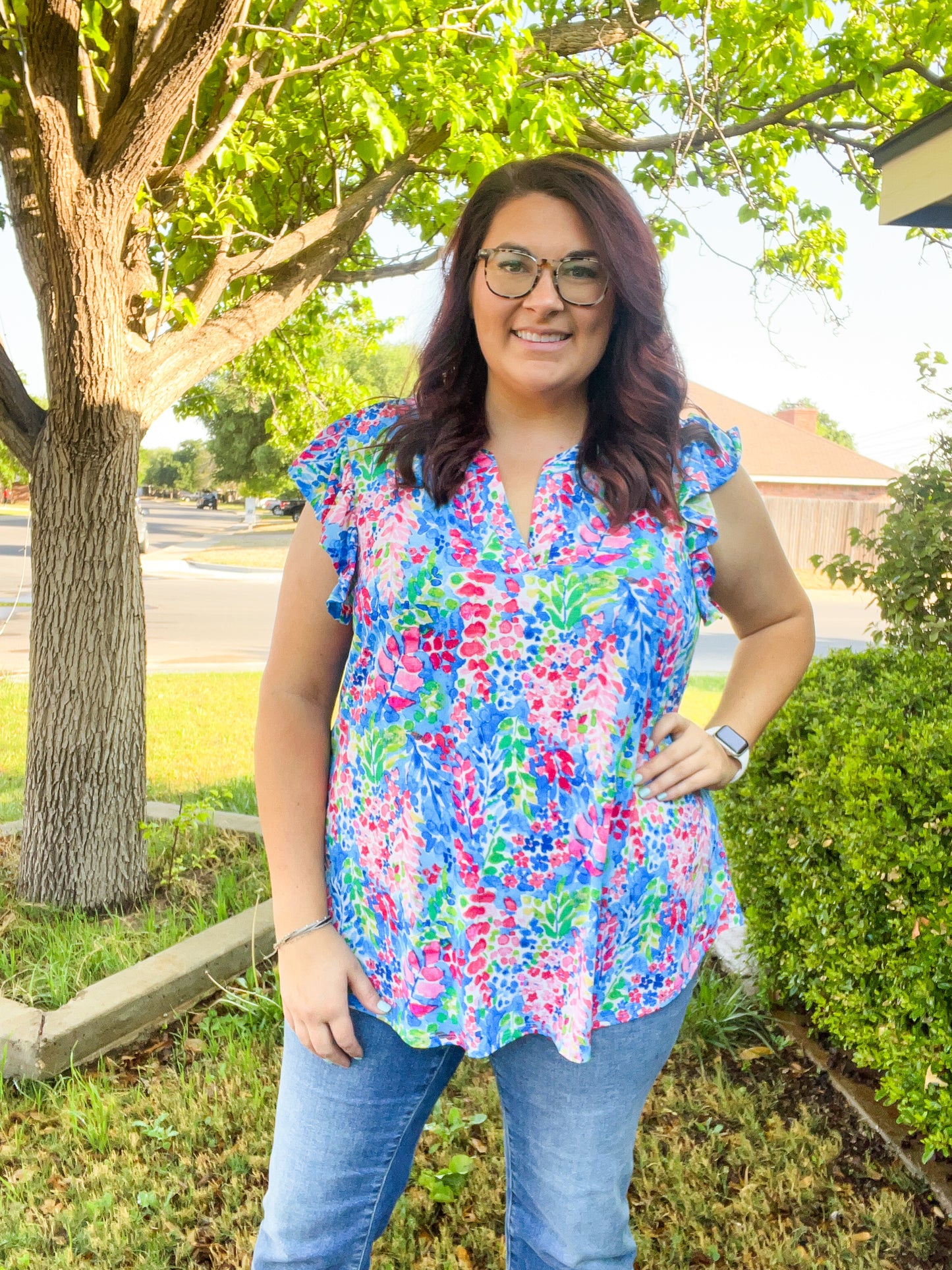 Blue Floral Flutter Sleeve Top