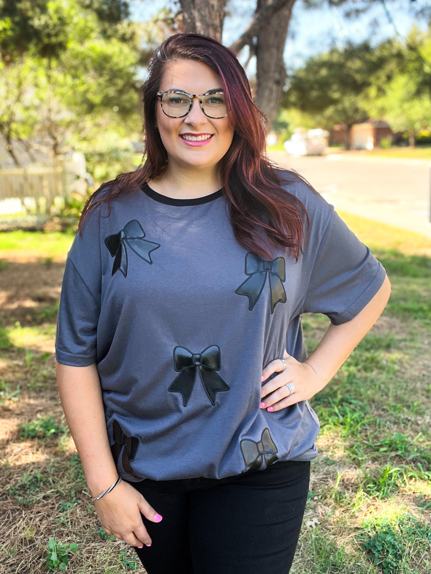 Faux Leather Bow Oversized Tee