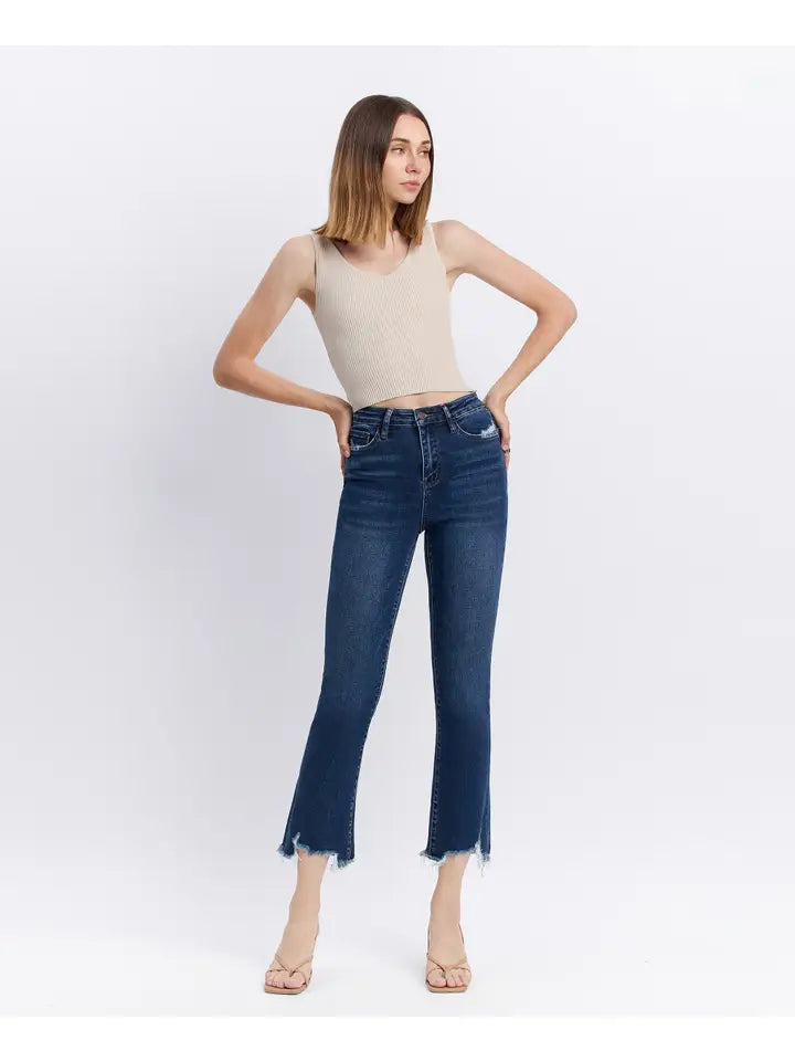 High Rise Distressed Hem Kick Flare Jeans