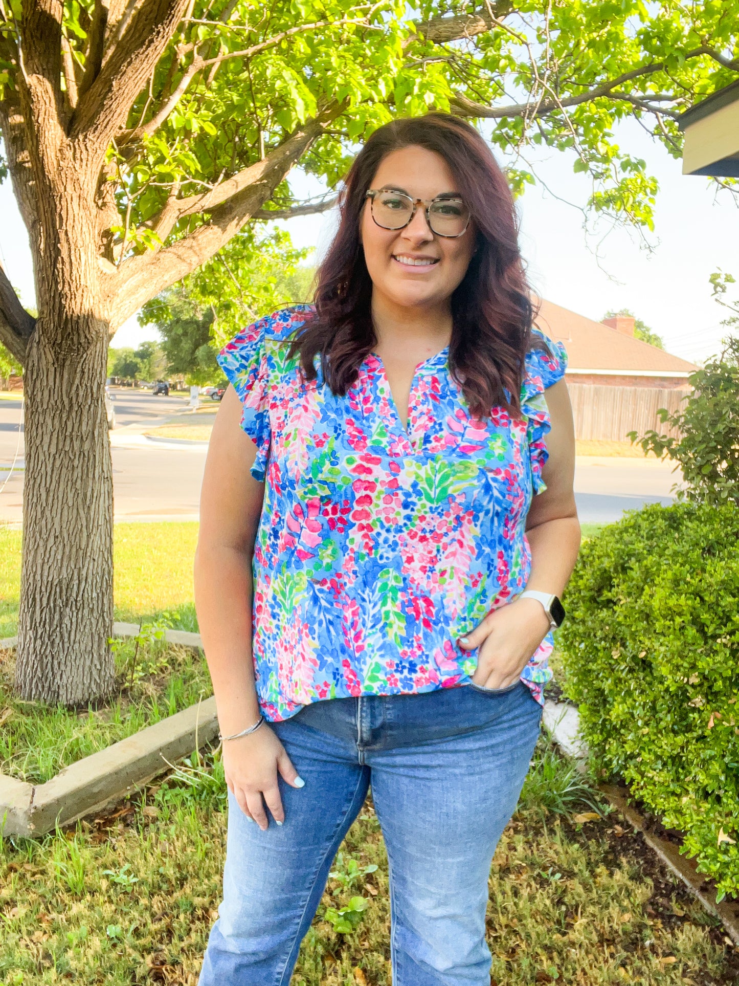 Blue Floral Flutter Sleeve Top