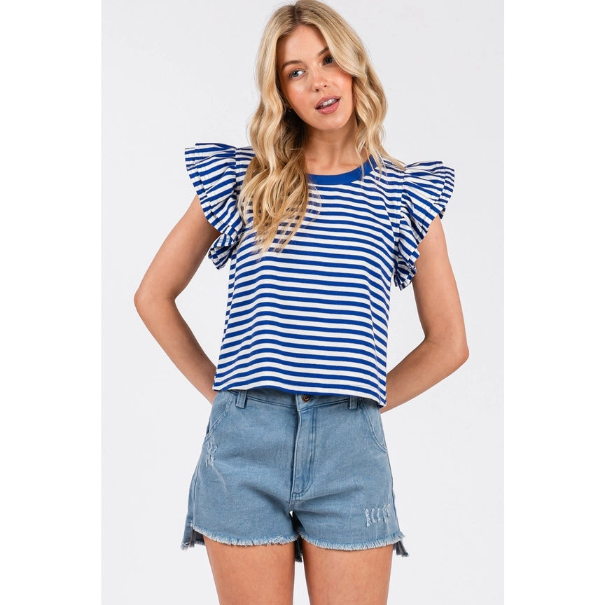 Striped Double Ruffle Short Sleeve Top