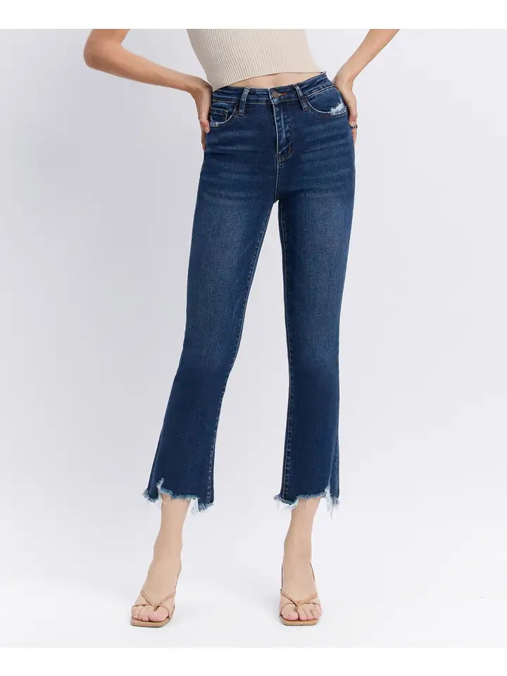 High Rise Distressed Hem Kick Flare Jeans