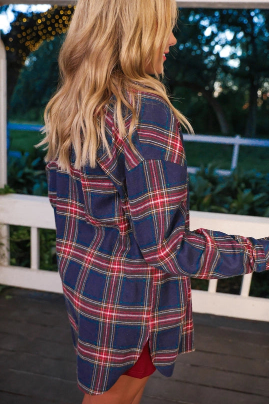 Lola Flannel Tunic Top - Navy