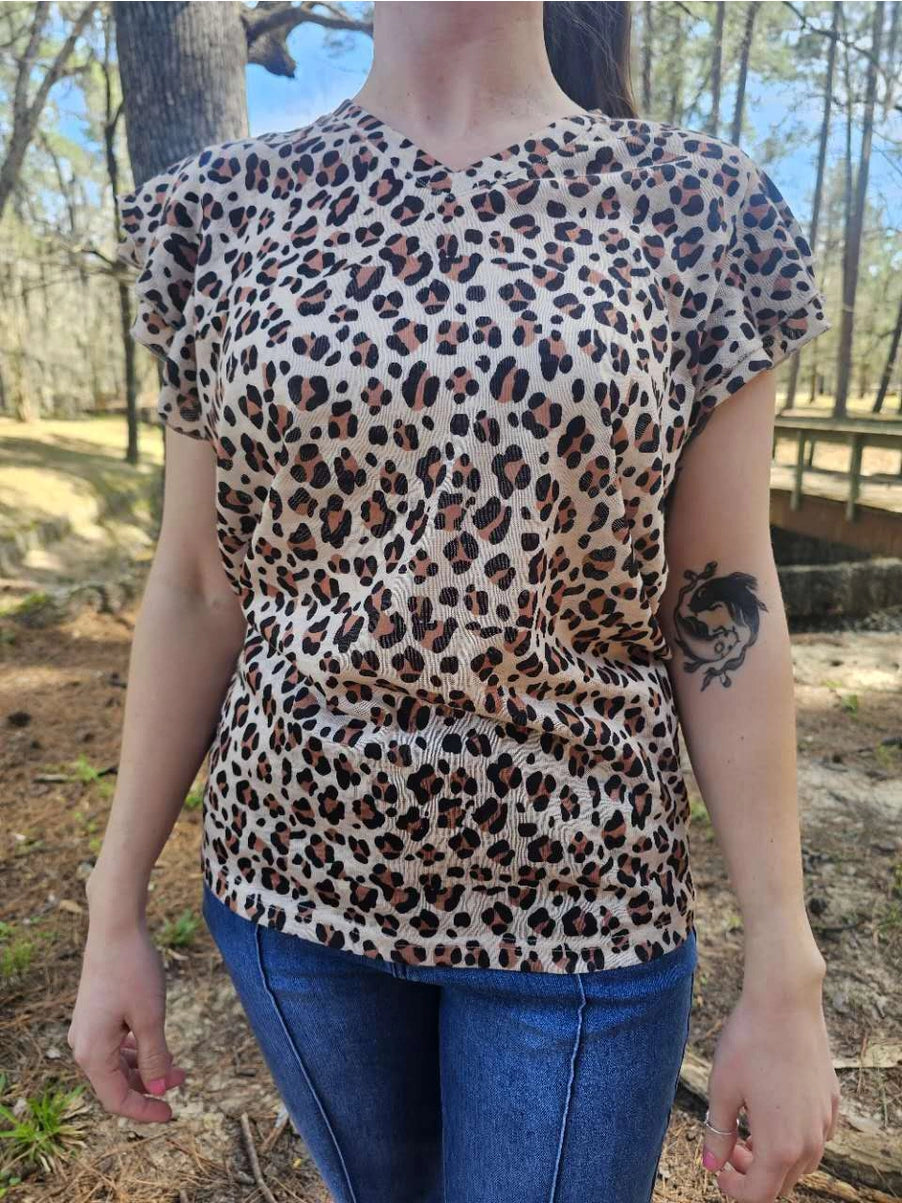 Leopard Print Ruffled Sleeve Blouse