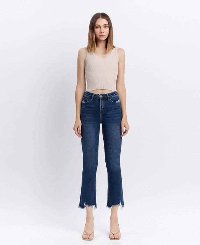 High Rise Distressed Hem Kick Flare Jeans