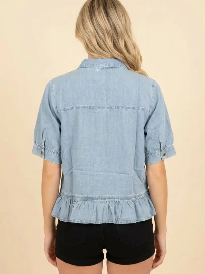 Ruffle Hem Puff Sleeve Denim Top