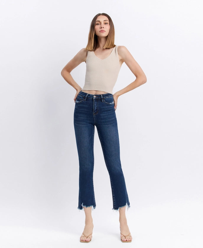 High Rise Distressed Hem Kick Flare Jeans