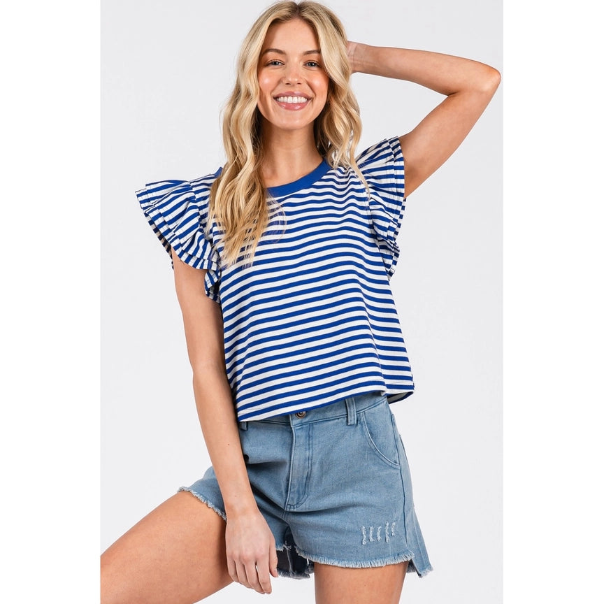 Striped Double Ruffle Short Sleeve Top