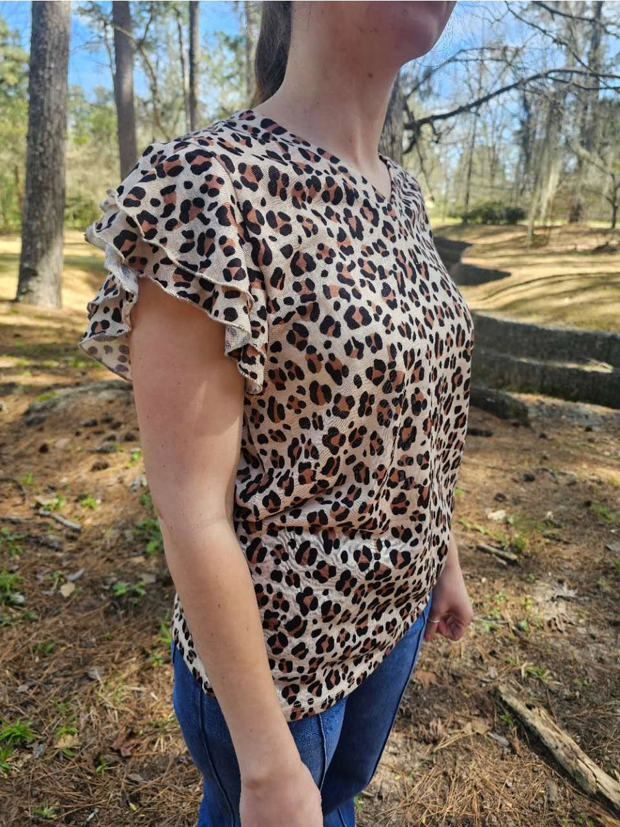 Leopard Print Ruffled Sleeve Blouse