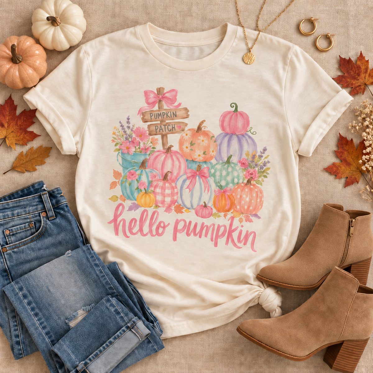 Cream short sleeve Hello Pumpkin graphic T-shirt with colorful pumpkins, flowers, bows and pumpkin patch sign