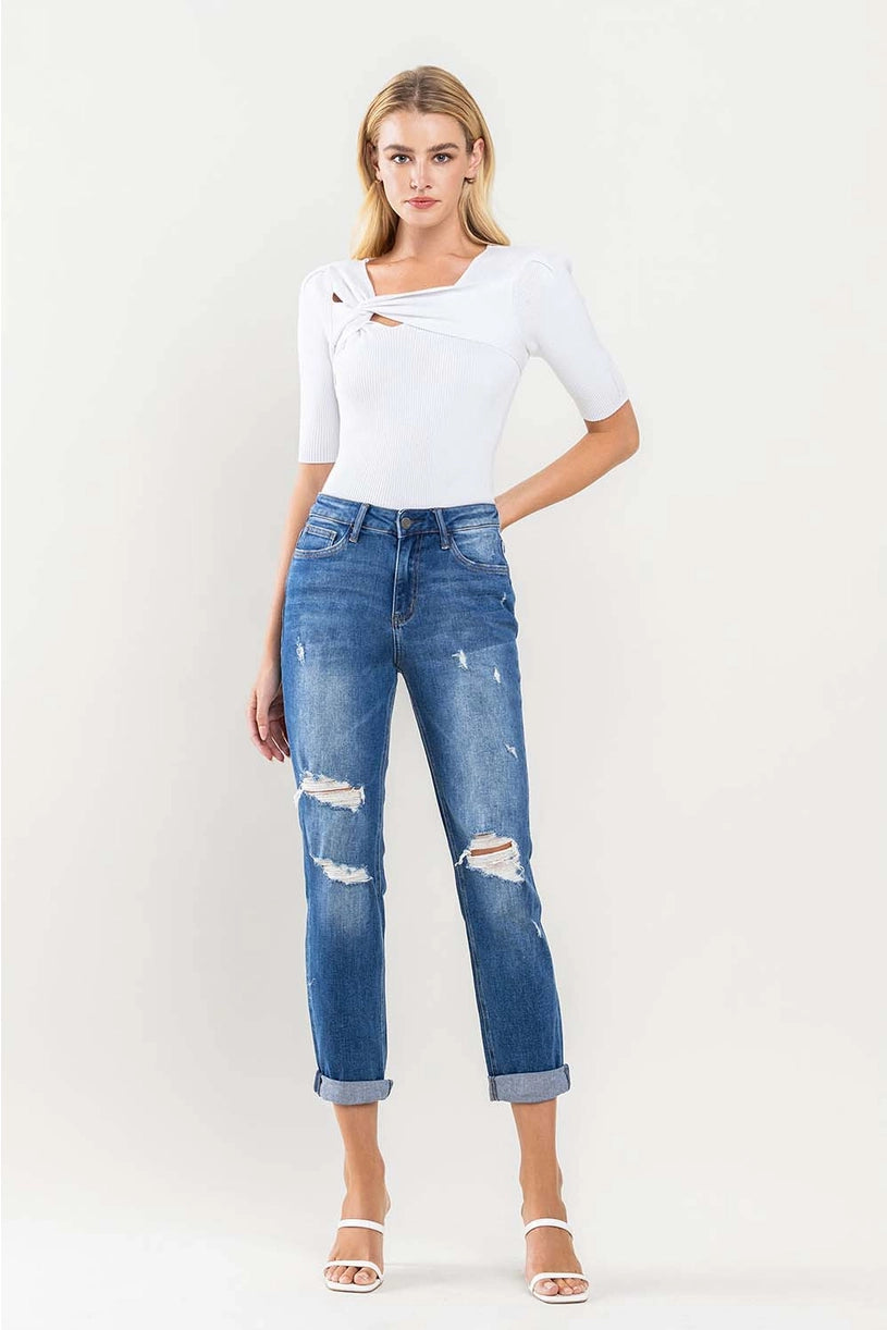 High Rise Distressed Cuffed Boyfriend Jeans