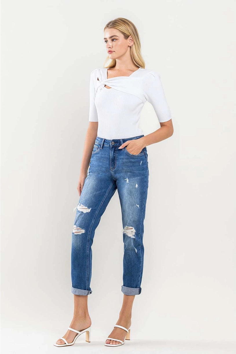 High Rise Distressed Cuffed Boyfriend Jeans