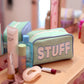 Handle Cosmetic Bag - 'stuff' Embroidered (Pistachio/Cream)
