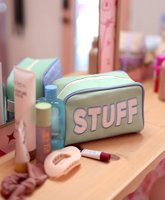 Handle Cosmetic Bag - 'stuff' Embroidered (Pistachio/Cream)