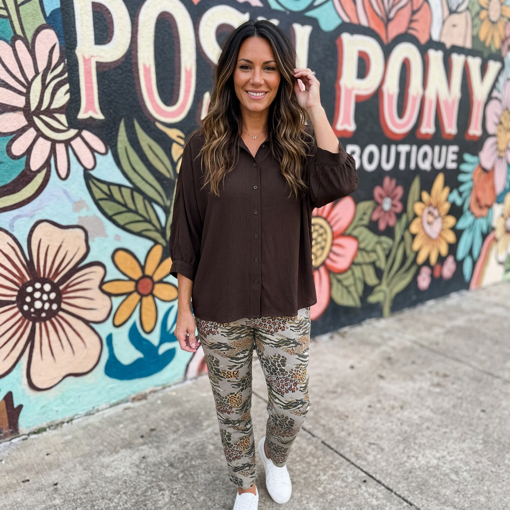 Sloane Button Up Top- Chocolate