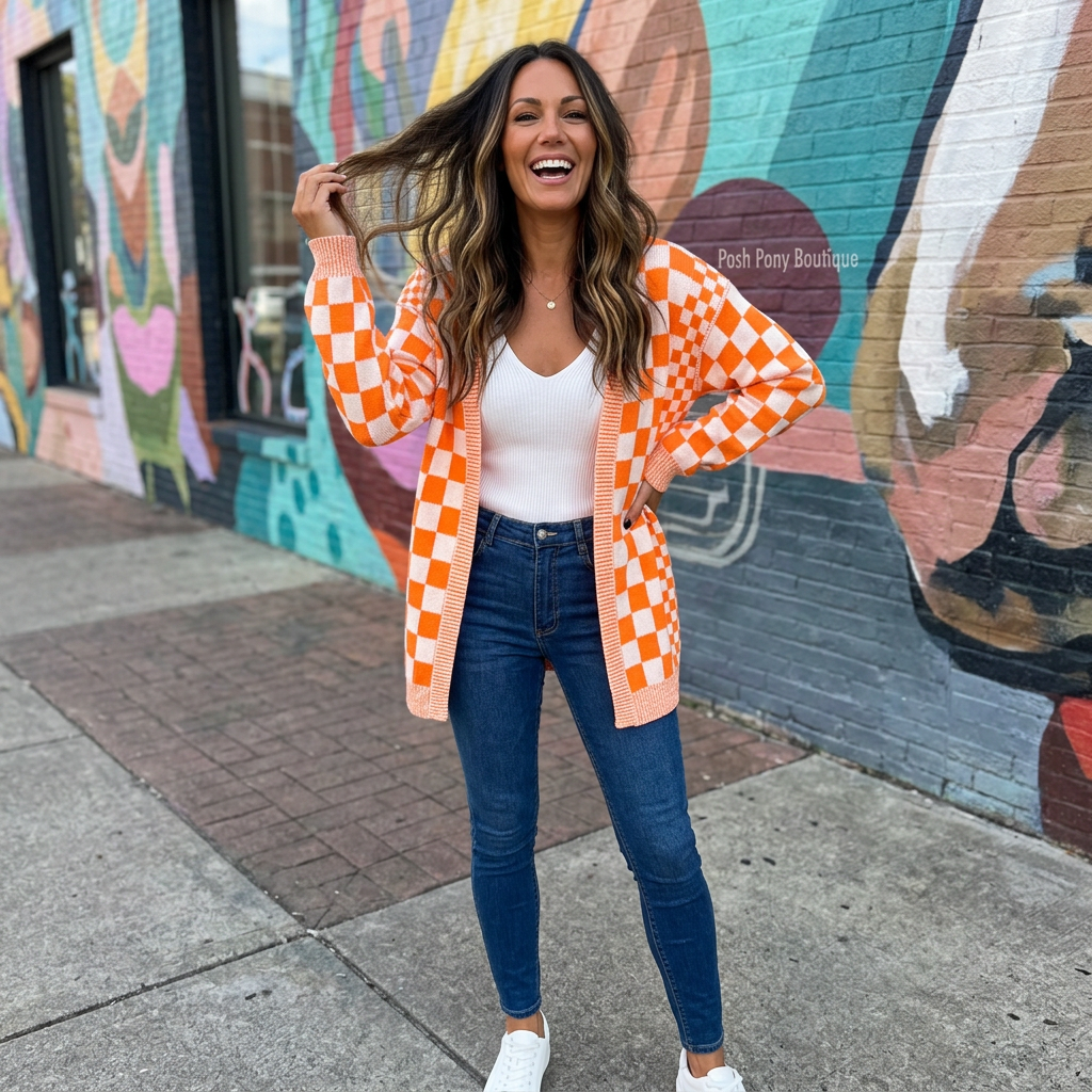 Orange and cream checkerboard open front cardigan with pockets from Posh Pony Boutique