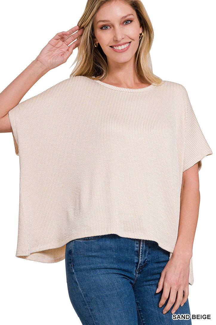 Ribbed Striped Oversized Short Sleeve Top- Sand Biege