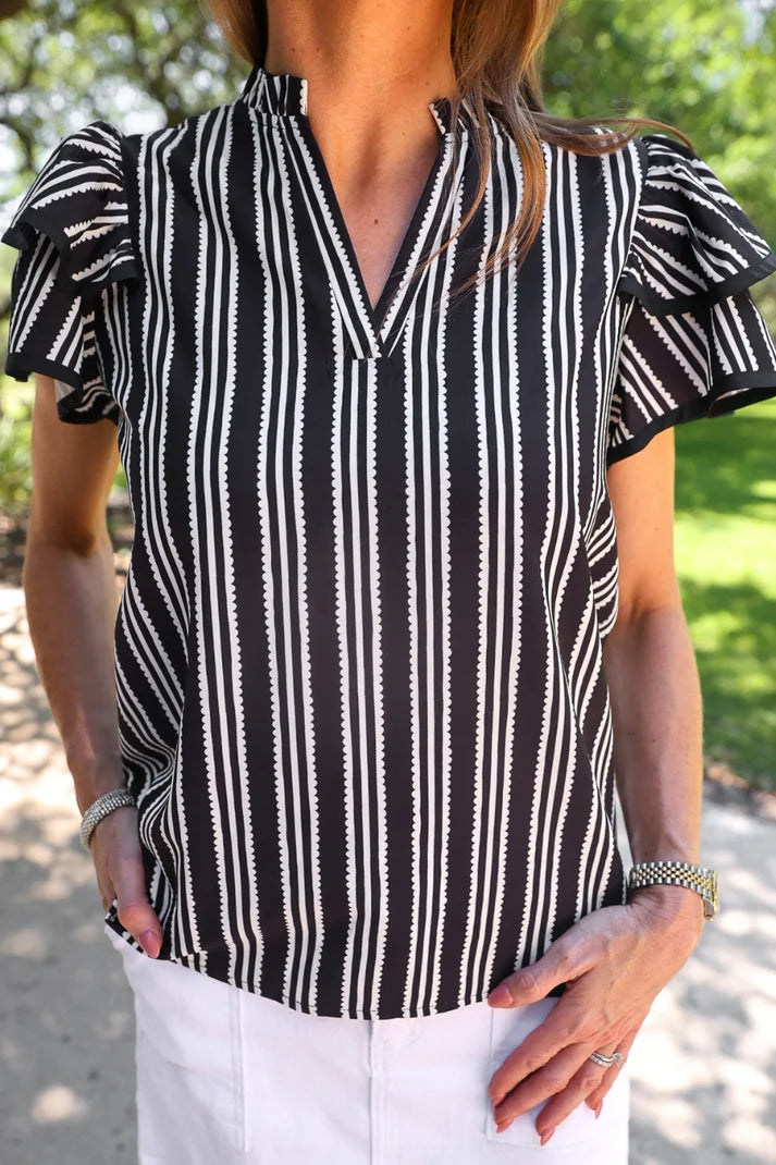 Layla Striped Flutter Sleeve Blouse- Black
