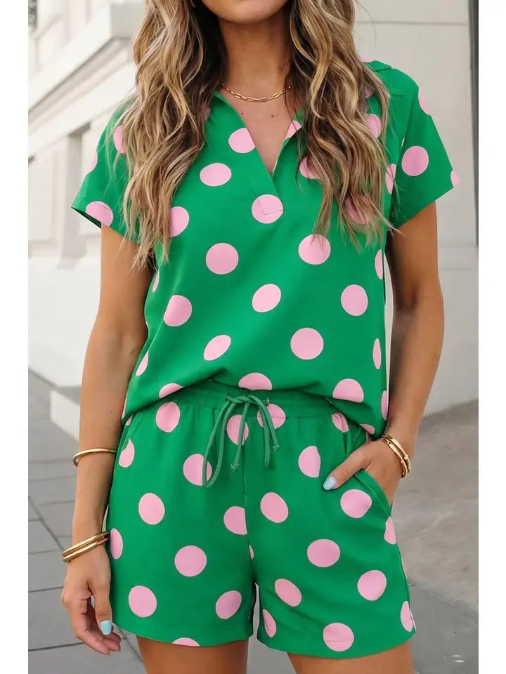 Polka Dot V-neck Shorts Set