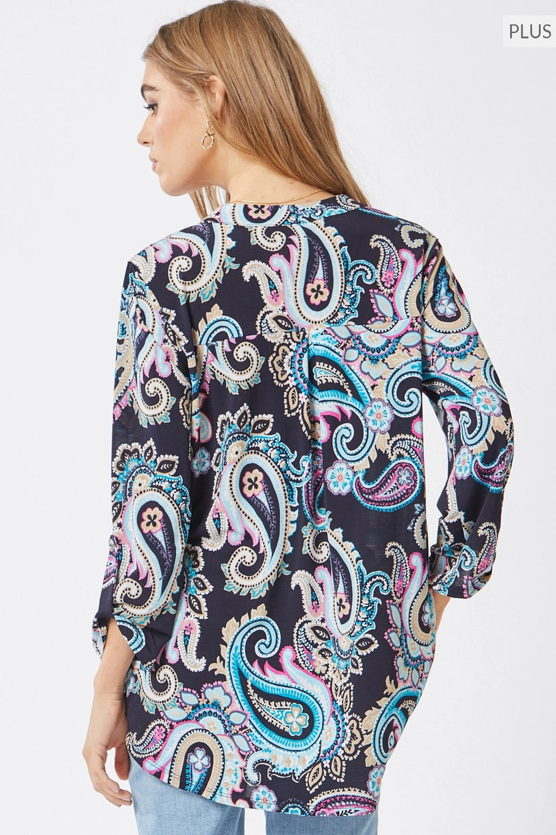 3/4 Navy/Turquoise Paisley Top