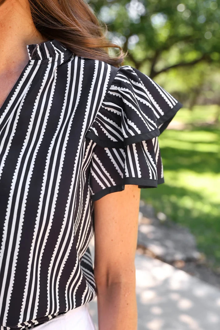 Layla Striped Flutter Sleeve Blouse- Black