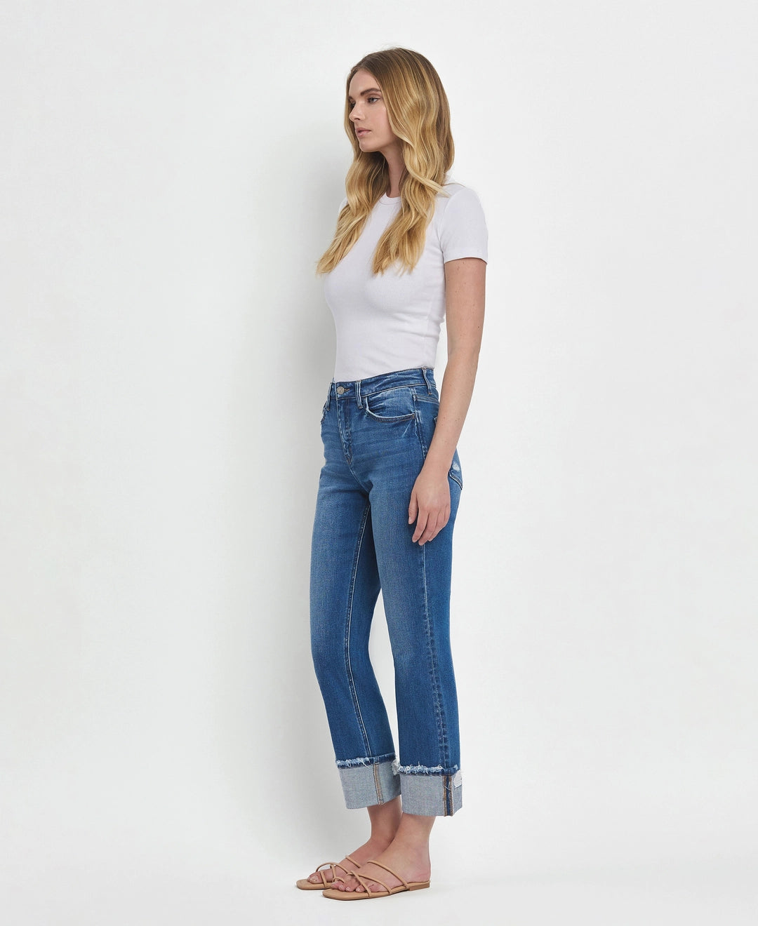 High Rise Cuffed Straight Jeans