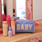 Handle Cosmetic Bag - 'baby' Embroidered (Periwinkle/Coral)