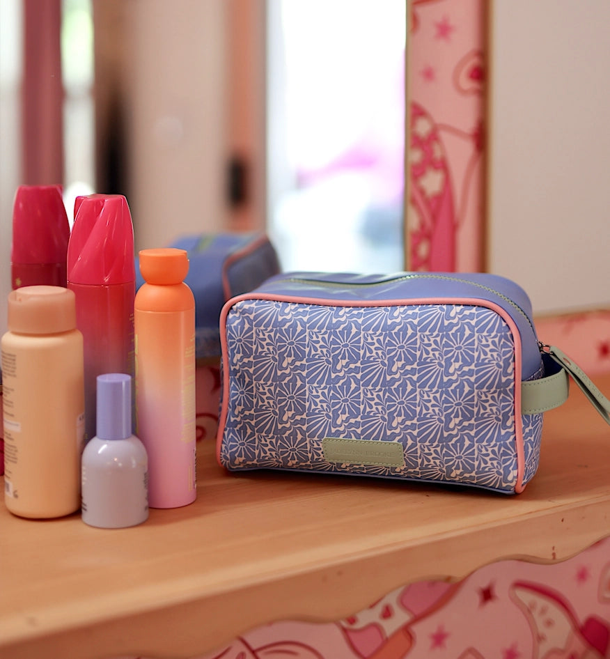 Handle Cosmetic Bag - 'baby' Embroidered (Periwinkle/Coral)