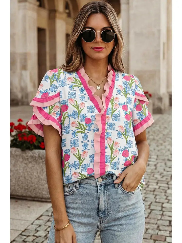 Fun & Flirty Ruffled Trim V Neck Top