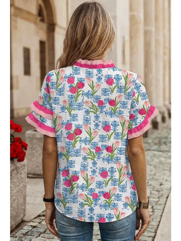 Fun & Flirty Ruffled Trim V Neck Top