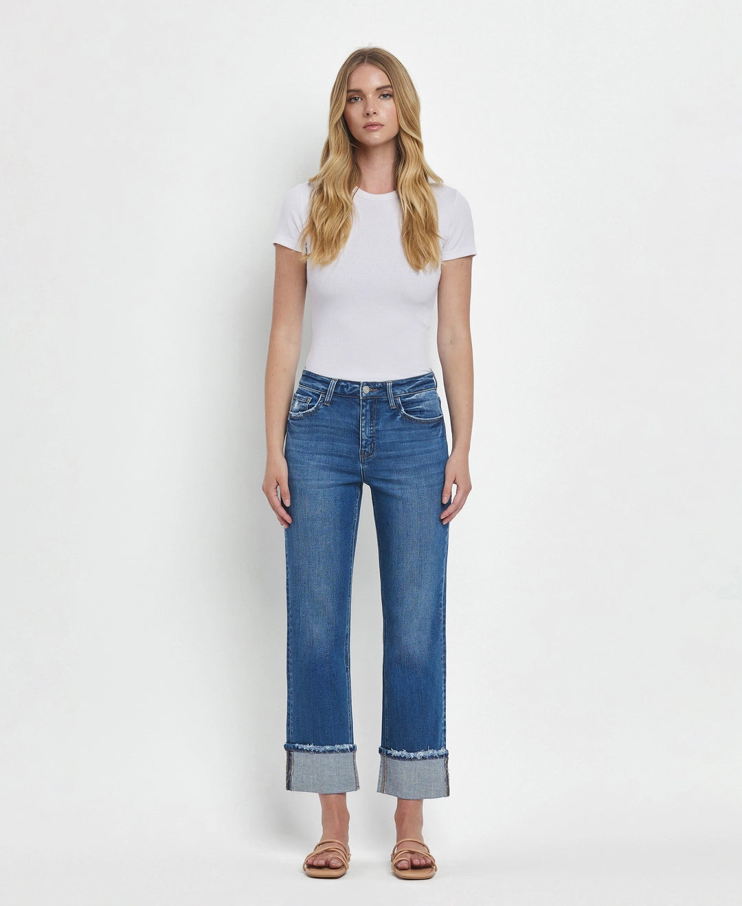 High Rise Cuffed Straight Jeans