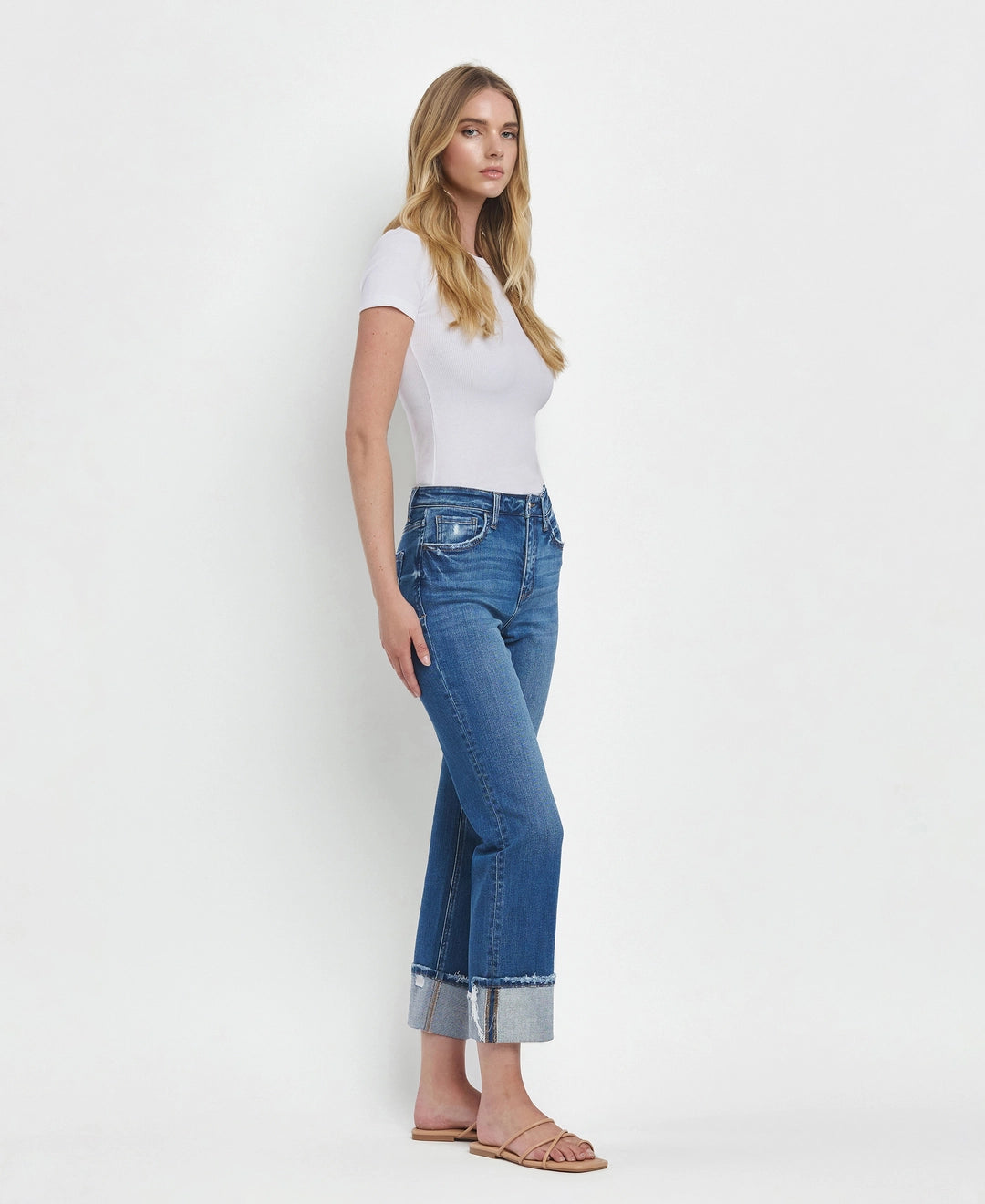 High Rise Cuffed Straight Jeans