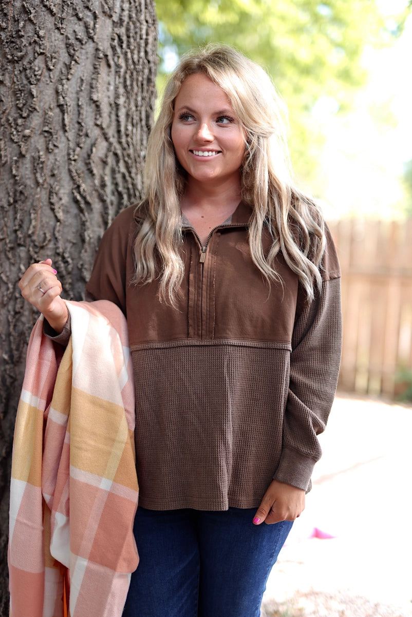 Ready or Not Waffle Quarter Zip- Espresso
