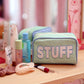 Handle Cosmetic Bag - 'stuff' Embroidered (Pistachio/Cream)