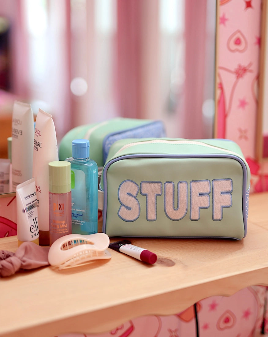 Handle Cosmetic Bag - 'stuff' Embroidered (Pistachio/Cream)