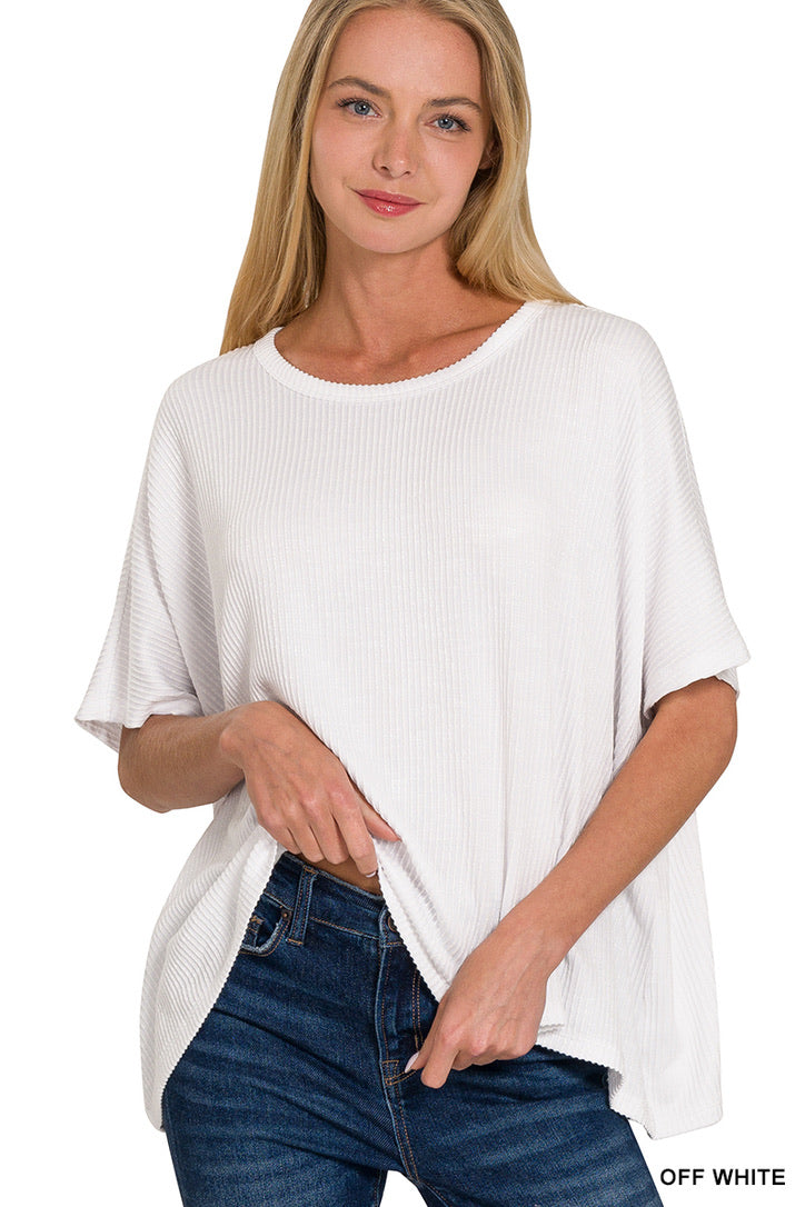 Ribbed Striped Oversized Short Sleeve Top- Off White