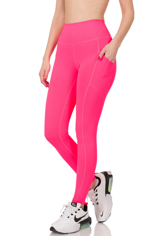 Athletic Wide Waistband Full Length Leggings - Neon Pink