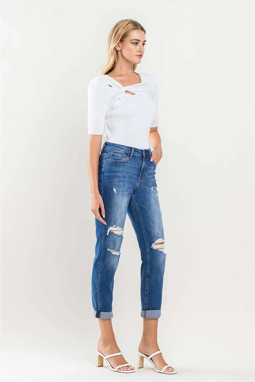 High Rise Distressed Cuffed Boyfriend Jeans