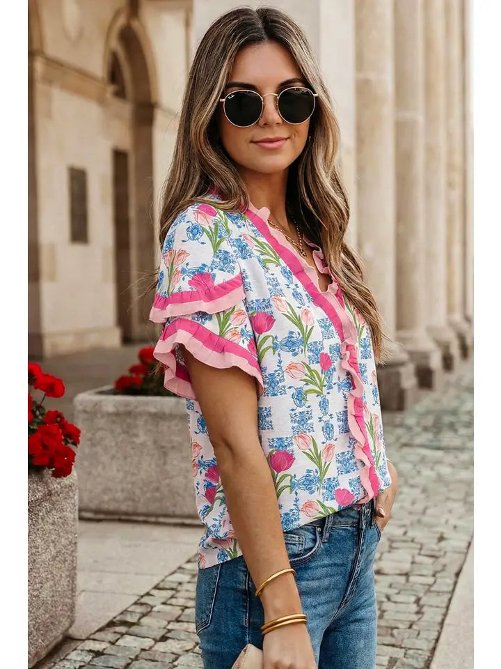 Fun & Flirty Ruffled Trim V Neck Top